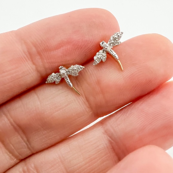 14K Yellow Gold Diamond Dragonfly Stud Stud Earrings - Picture 3 of 7